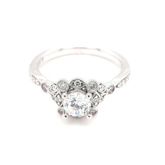 Diamond (0.25 ctw) antique style setting, 14k white gold, shown with a cz center