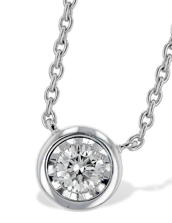 Single diamond bezel set pendant, 14k white gold