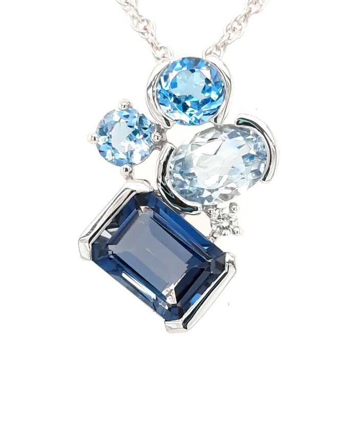 London blue topaz & blue topaz (3.08ctw) & diamond (0.03ctw) pendant, 14k white gold