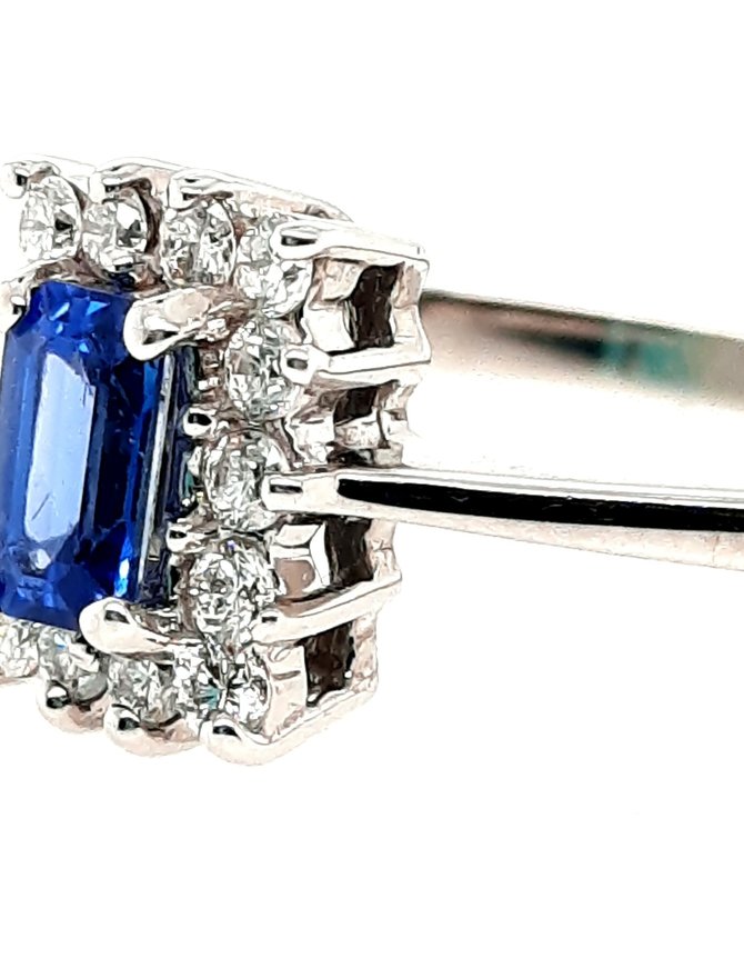 Dainty Oval Sapphire and Square Halo Diamond Ring, 18k White Gold