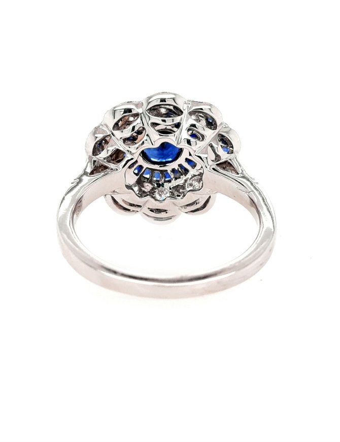 Floral Halo Sapphire and Diamond Ring, 18k White Gold