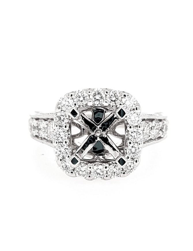 Diamond (1.30ctw) halo bridal setting, 14k white gold, shown with a cz center, center stone sold separately