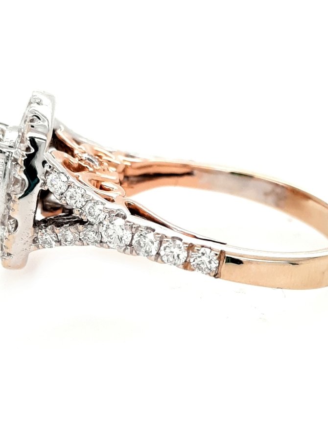 Diamond (0.90ctr/2.15ctw) square halo round center ring, 18k white gold