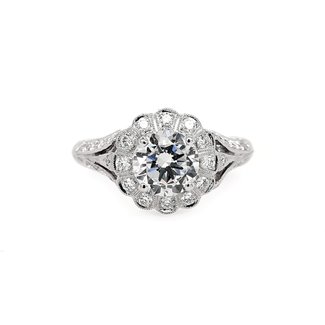 Diamond (0.46 ctw) hand engraved halo setting, , 14k white gold, shown with a cz, center stone not included