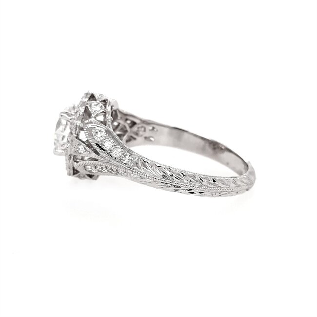 Diamond (0.46 ctw) hand engraved halo setting CZ ctr 14k white gold 3.2  gr
