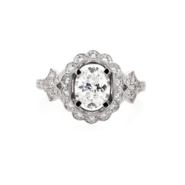 Oval diamond (0.45ctw, cz ctr) halo setting, 14k white gold