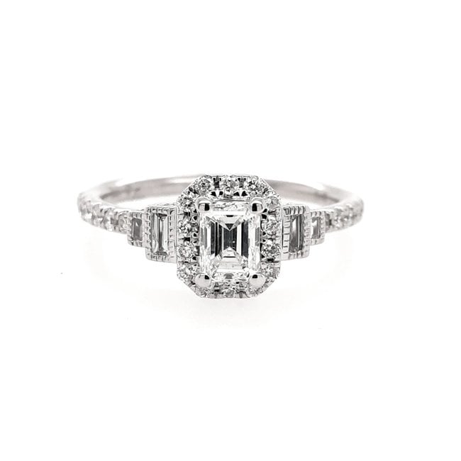 Diamond (0.31ctr, 0.79 ctw) emerald cut step-down ring, 14k white gold