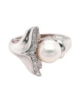 TQ original white pearl(7.5mm) diamond accent whale tail ring, 14k white gold
