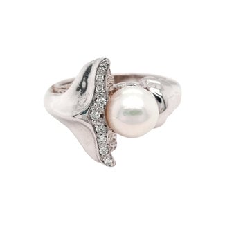 TQ original white pearl(7.5mm) diamond accent whale tail ring, 14k white gold