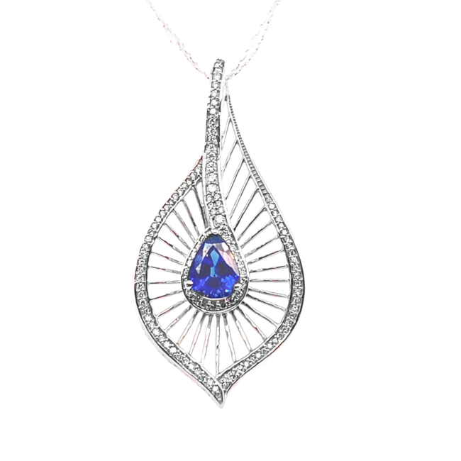 TQ Original Sapphire Pear & Diamond petal pendant, 14k white gold