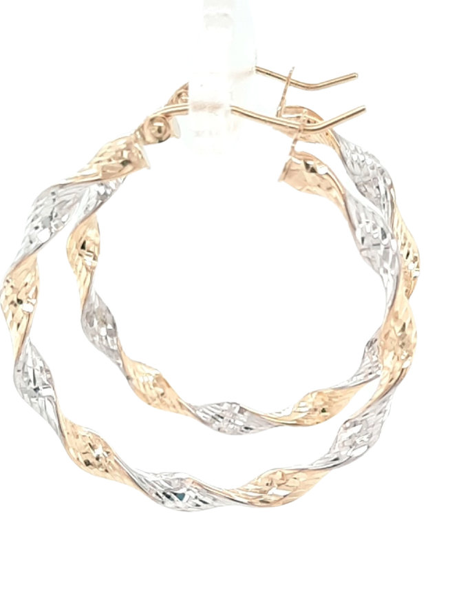 14k white & yellow gold twisted ribbon hoop earrings 2 gr