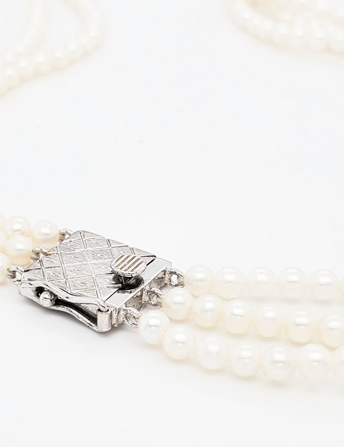 Estate diamond accented 3 strand pearl necklace 18k white gold