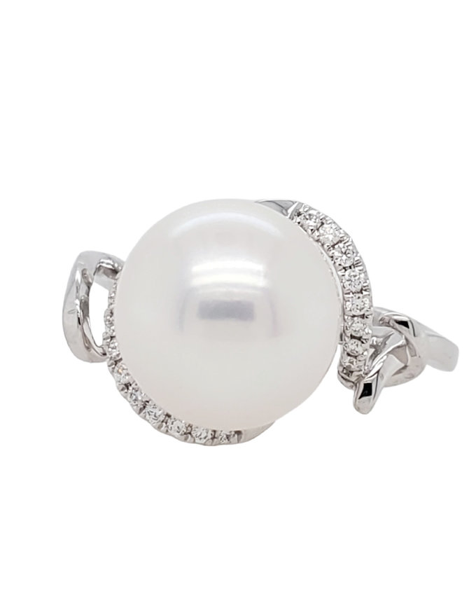 Pearl & diamond swirl ring 14k white gold