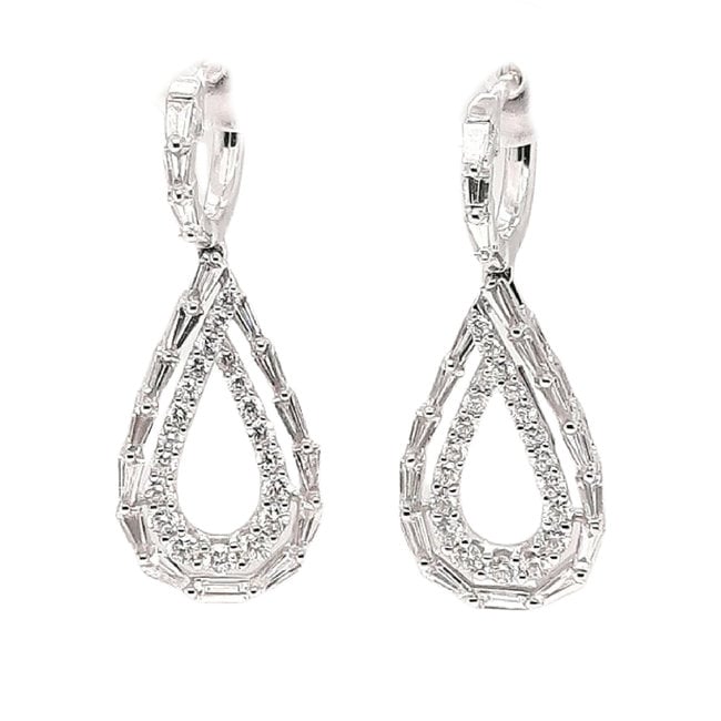 Diamond  tear-drop dangle earrings, 14k white gold