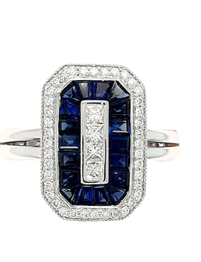 Sapphire & diamond row ring, 14k white gold