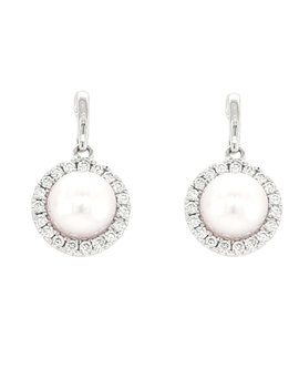 Pearl & diamond halo earrings 14k white gold
