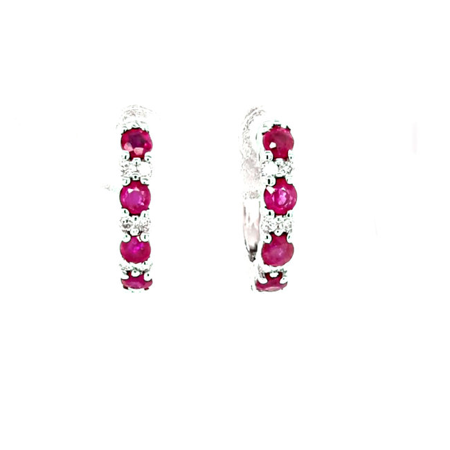 Ruby & diamond alternating huggy hoop earrings 14k white gold