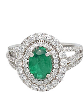 Emerald  & diamond oval double halo ring 18k white gold