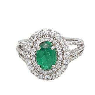 Emerald  & diamond oval double halo ring 18k white gold