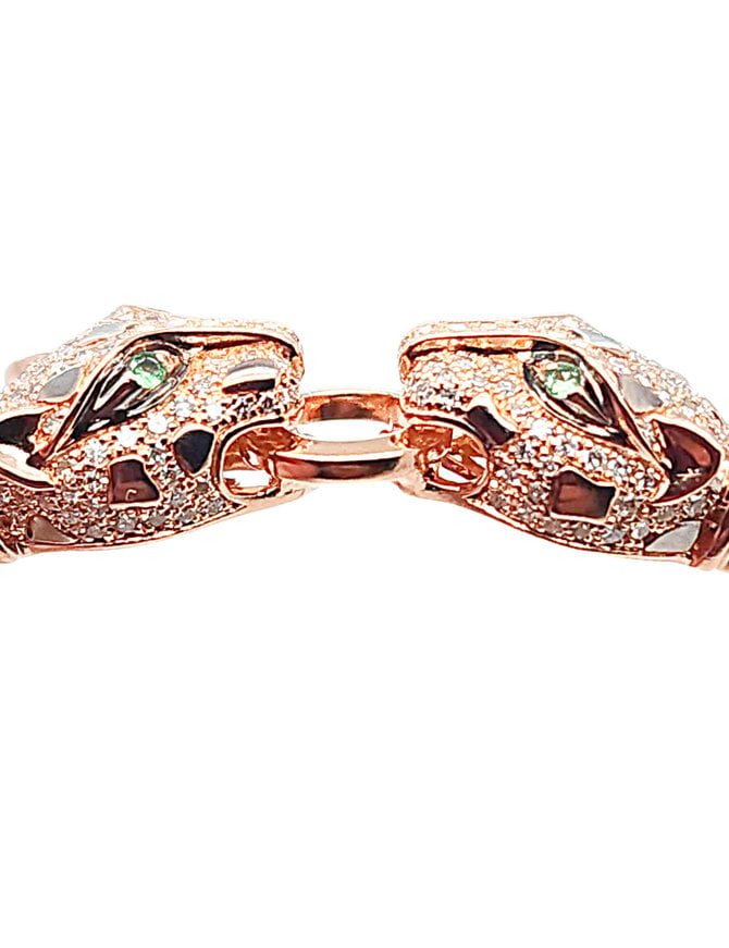 Diamond  & emerald leopard bangle bracelet 14k rose gold