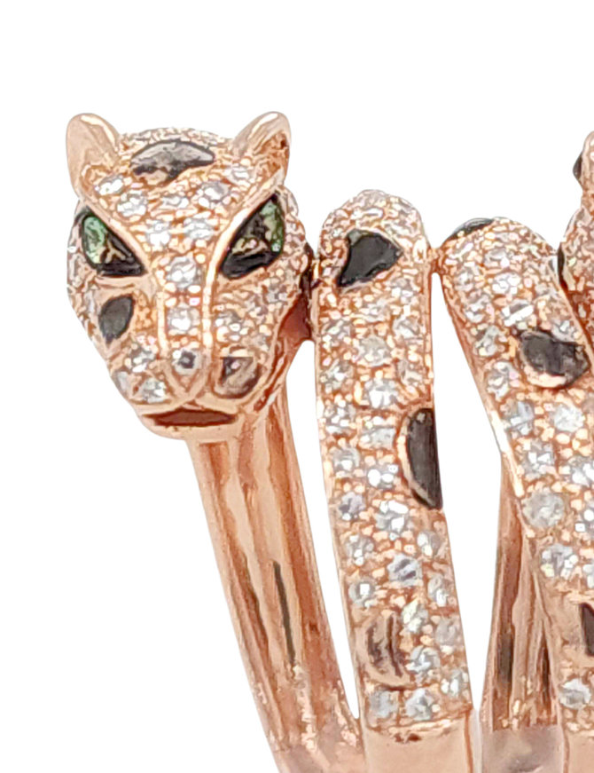 Diamond & emerald leopard ring 14k rose gold 7.2 gr