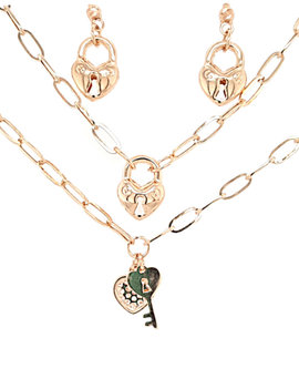 Paperclip heart charm layered necklace with earrings 18k yellow gold 10.8gr