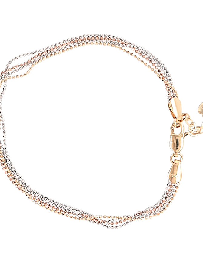 Tri-color diamond cut multi strand bracelet 18k rose, white, & yellow gold 3.8gr