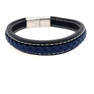 Blue & black leather men's bracelet stainless steel clasp