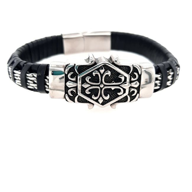 Gothic black leather stainless steel men's bracelet