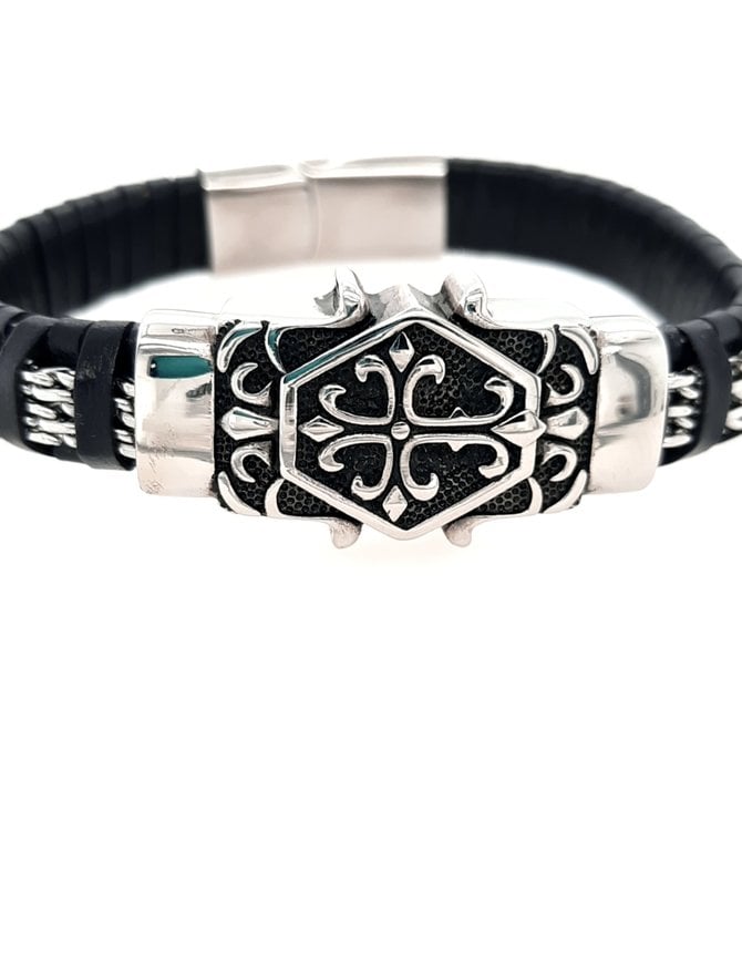 Gothic black leather stainless steel men's bracelet