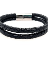 Braided black leather double row men's bracelet