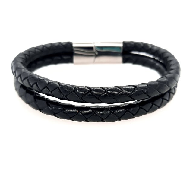 Braided black leather double row men's bracelet