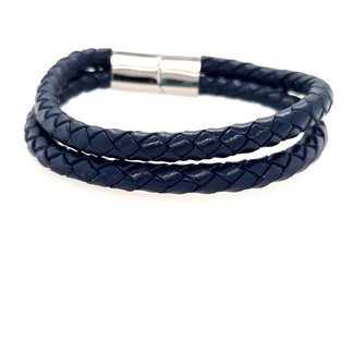 Braided blue leather double row men's bracelet
