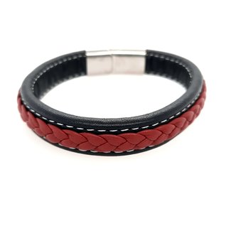 Red & black leather stainless steel men's bracelet