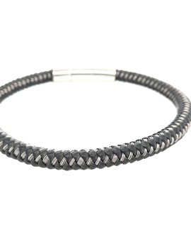 Braided black leather stainless steel cable men's bracelet