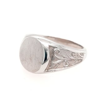 TQ original signet ring with vine side detail 14k white gold