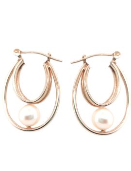 White pearl double hoop earrings 14k yellow gold