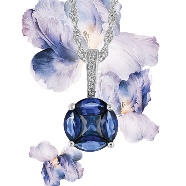 Sapphire(0.77ctw) round cluster necklace, 14k white gold