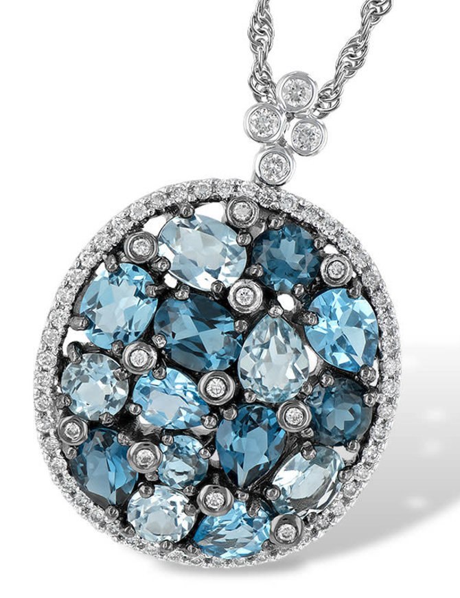 Blue topaz (3.12 ctw) & diamond (0.29 ctw) pendant, 14k white gold, chain included