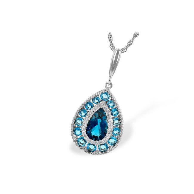 Blue topaz (2.55ctw) & diamond (0.10ctw) pear shape necklace, 14k white gold