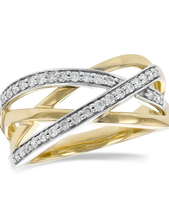 Diamond (0.25ctw) criss-cross two-tone fashion ring, 14k white & yellow gold