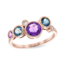 Diamond , blue topaz & amethyst bezel set ring, 14k rose gold