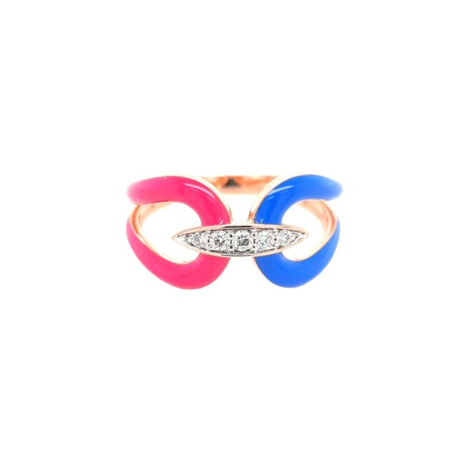 Diamond (0.09ctw) blue & pink enamel ring 18k rose gold 3.7gr