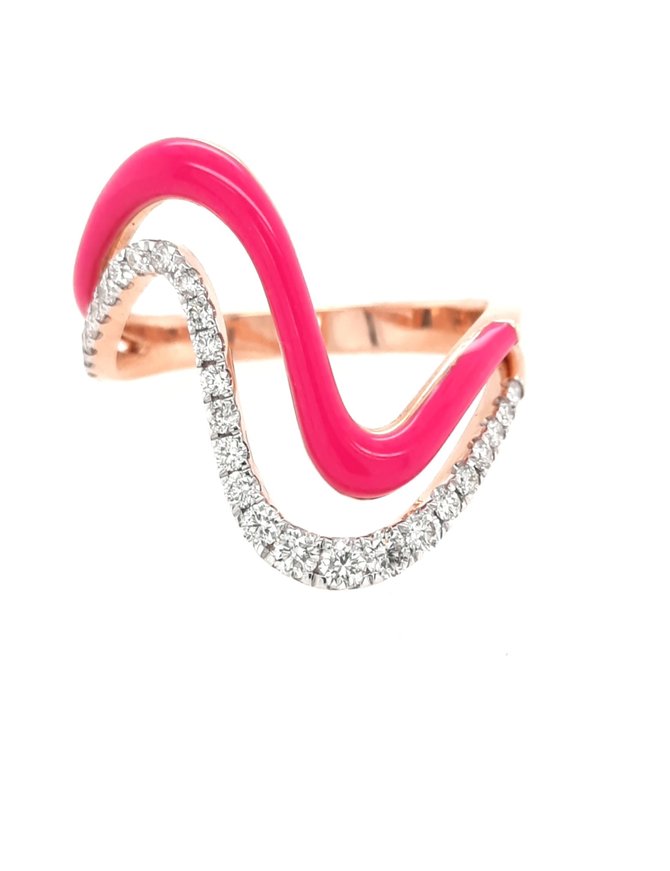Diamond (0.34ctw) pink enamel chevron ring 18k rose gold 3.7gr