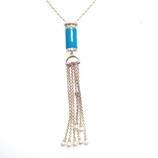 Diamond (0.08ctw) blue enamel & pearl necklace 18k yellow gold 5.9gr
