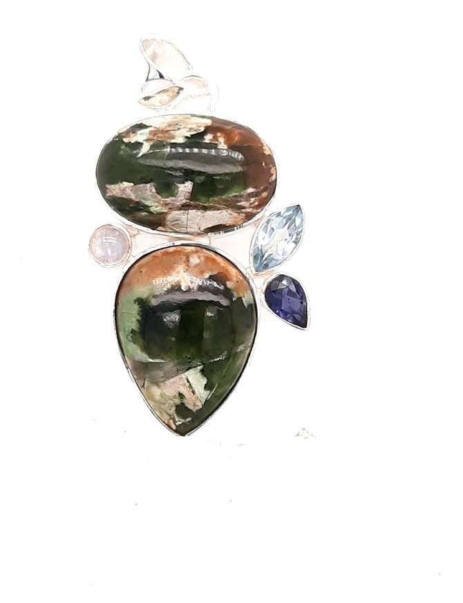 Green agate, moonstone, topaz & amethyst pendant sterling silver