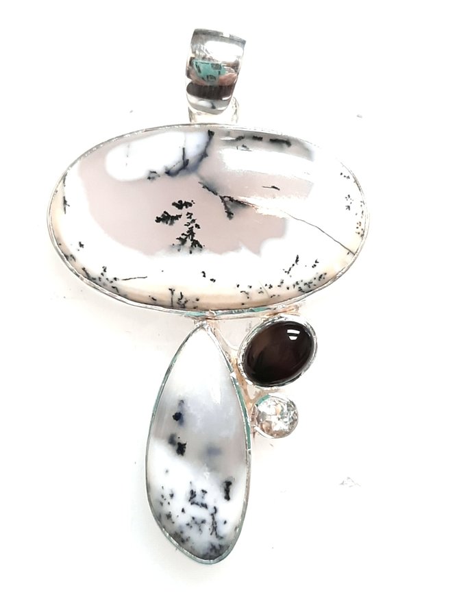 Moss agate w/ black & white accent stones pendant sterling silver