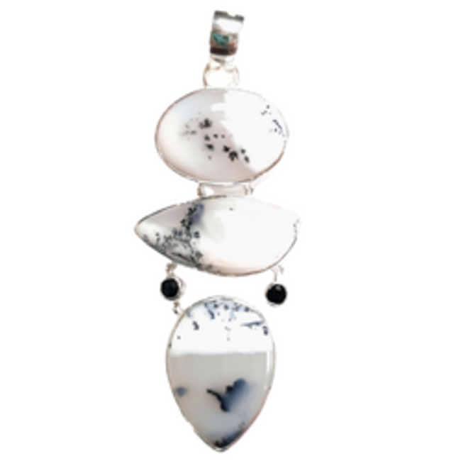 Moss agate w/ black accent stones pendant sterling silver