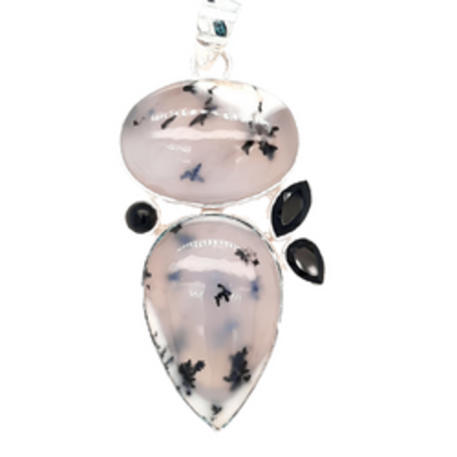Moss agate w/ black accent stones pendant sterling silver