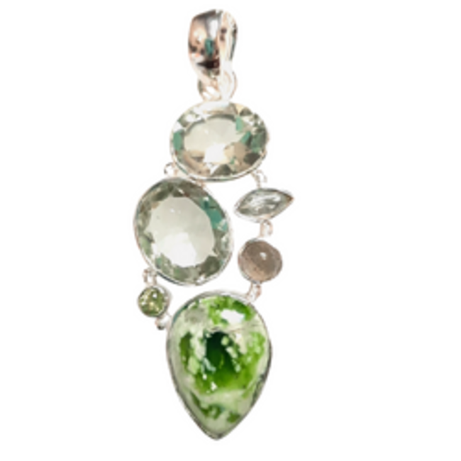 Green agate & green accent stones pendant sterling silver